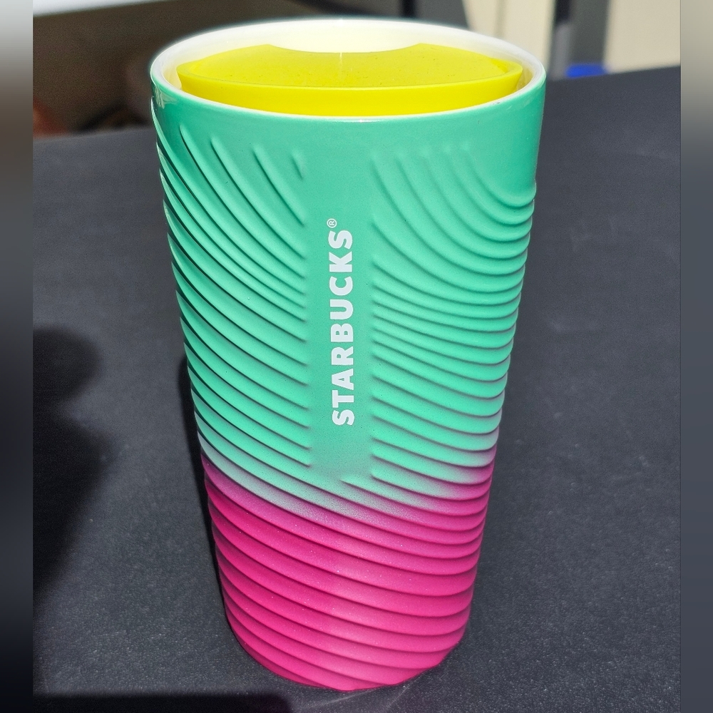 "1,LEFT"NEW,Starbucks ceramic tumbler "Spring 2023 Petunia" fushia/green textur…